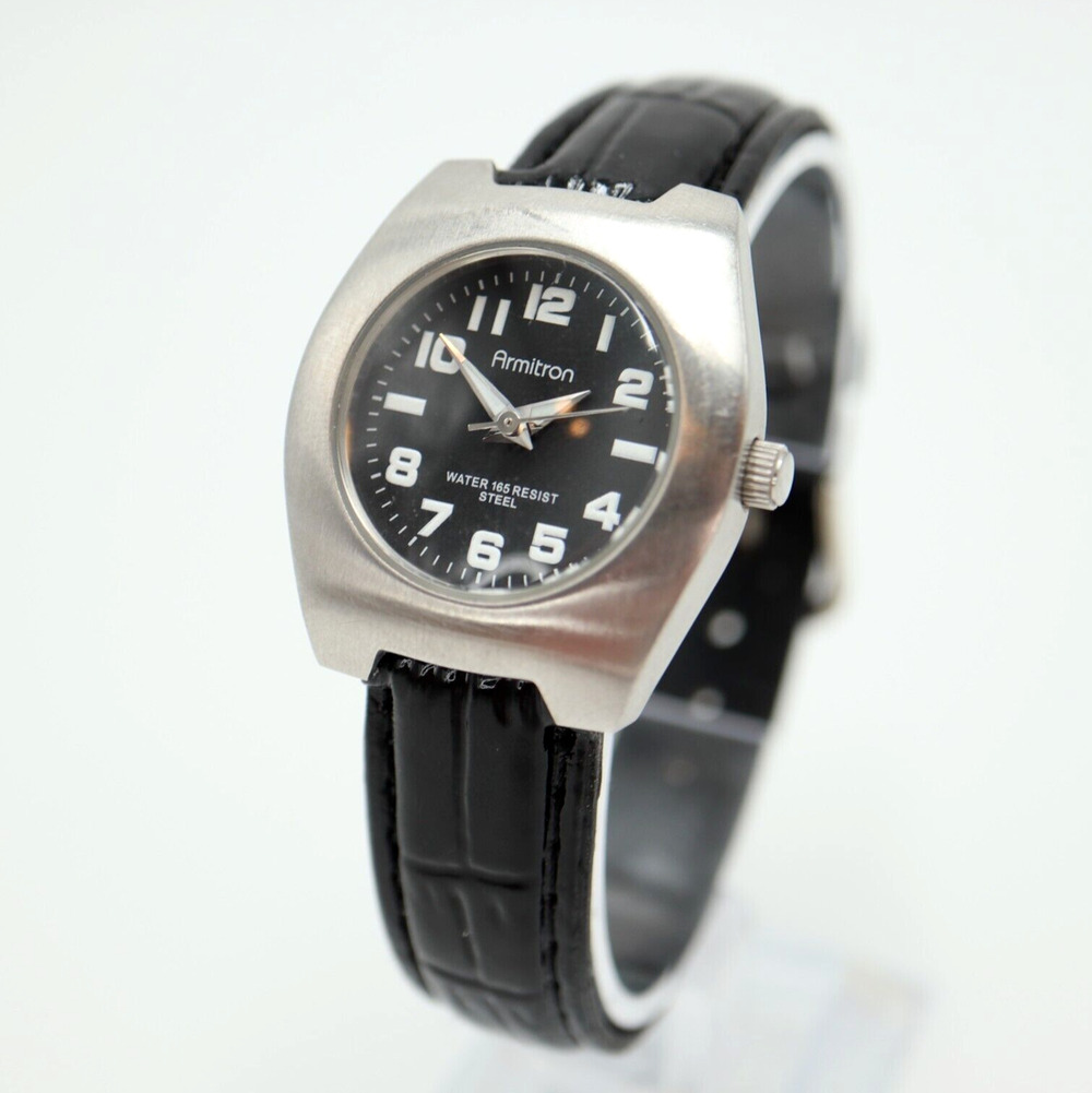 Armitron Women's Watch 30mm Silver Tone Barrel Dial Black Leather w New Battery